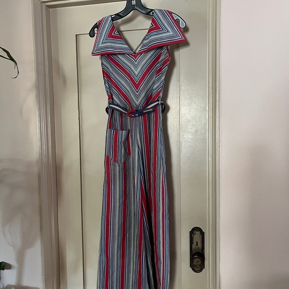 Striped V-Neck 1930s Beach Pajamas with Belt - Red, Blue, White - Picture 1 of 3